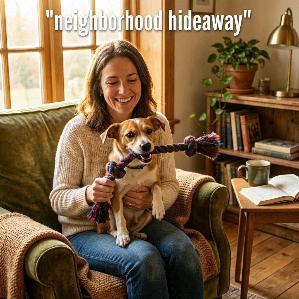 Strong Rope action photo Cozy interior, small dog on lap. Text: "Neighborhood hideaway."