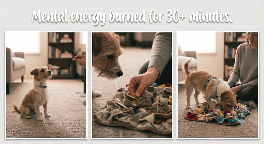 Find it sequence (3 images) 1. Dog waiting / 2. Treats hidden / 3. Dog searching. Text: "Mental energy burn for 30+ minutes."