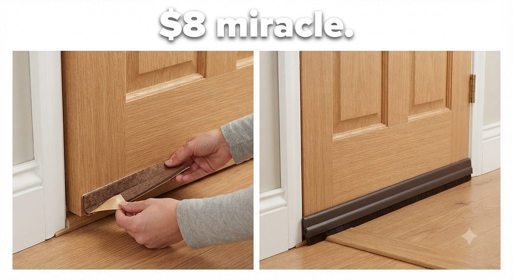 Felt pad installation sequence (2 images) 1. Felt pad on door bottom / 2. Draft stopper installed. Text: "$8 miracle."