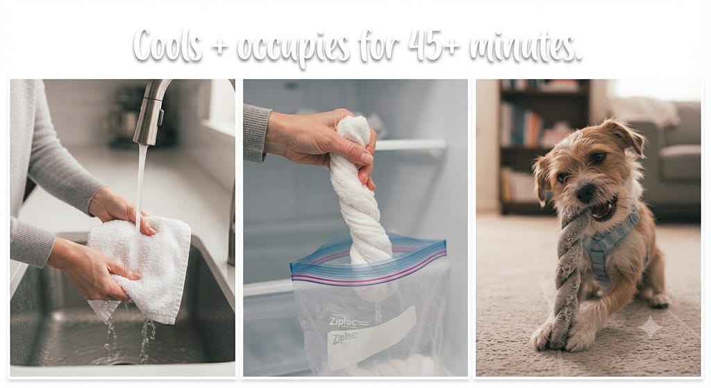 Frozen towel sequence (3 images) 1. Soak towel / 2. Twist, freeze / 3. Dog chewing. Text: "Cools + occupies for 45+ minutes."