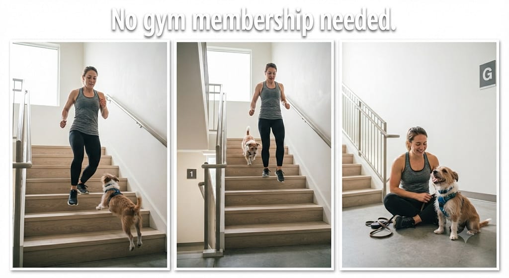 Stair circuit sequence (3 images) 1. Up 2 flights / 2. Down 1 flight / 3. Sit at landing. Text: "No gym membership needed."