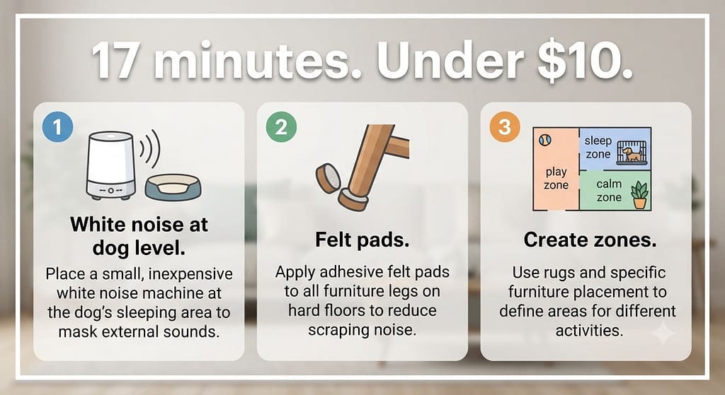 3 quick wins graphic 1. White noise at dog level / 2. Felt pads / 3. Create zones. Text: "17 minutes. Under $10."
