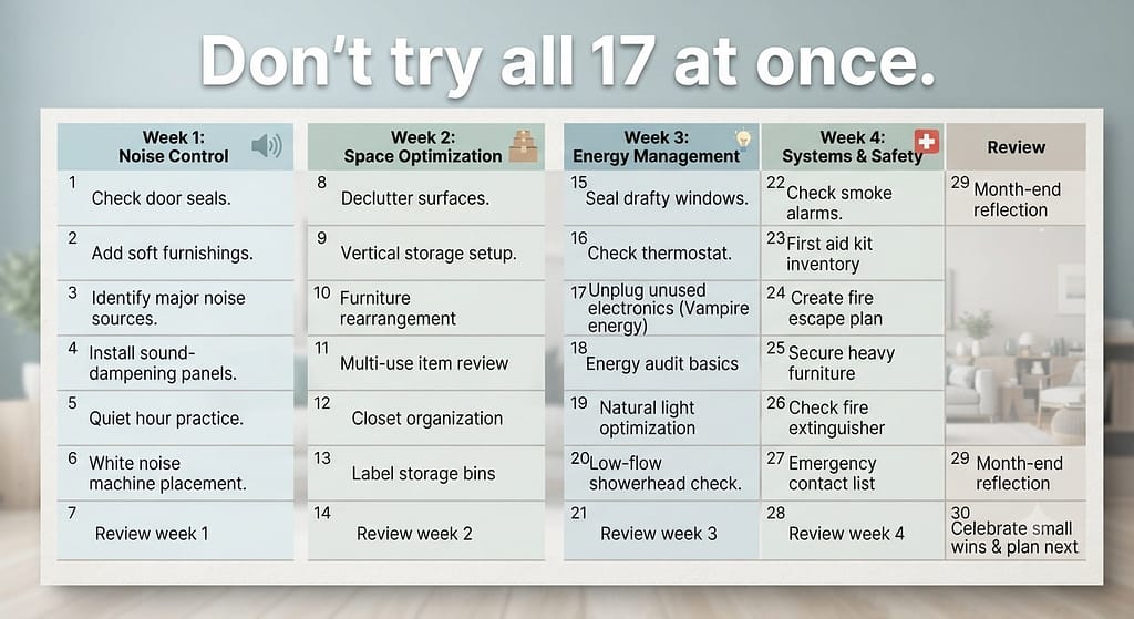 30-day calendar preview Week 1: Noise Control / Week 2: Space Optimization / Week 3: Energy Management / Week 4: Systems & Safety. Text: "Don't try all 17 at once."