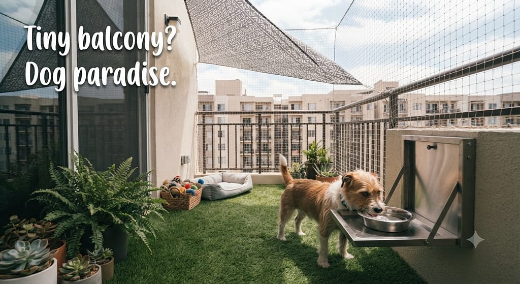 Balcony dog paradise photo Artificial turf, shade sail, safety netting, fold-down water station. Text: "Tiny balcony? Dog paradise.