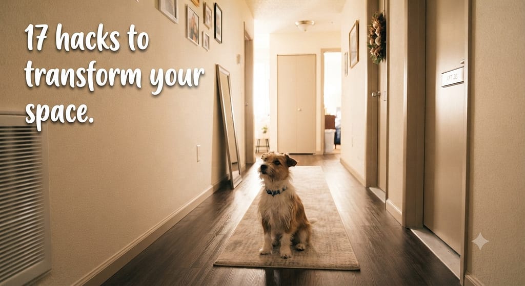 Aspirational hero photo Beautifully organized apartment with happy dog, everything in its place. Text: "17 hacks to transform your space."