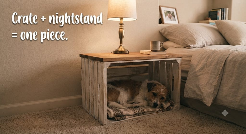 Crate as nightstand photo Crate with wooden top, lamp, dog inside. Text: "Crate + nightstand = one piece."