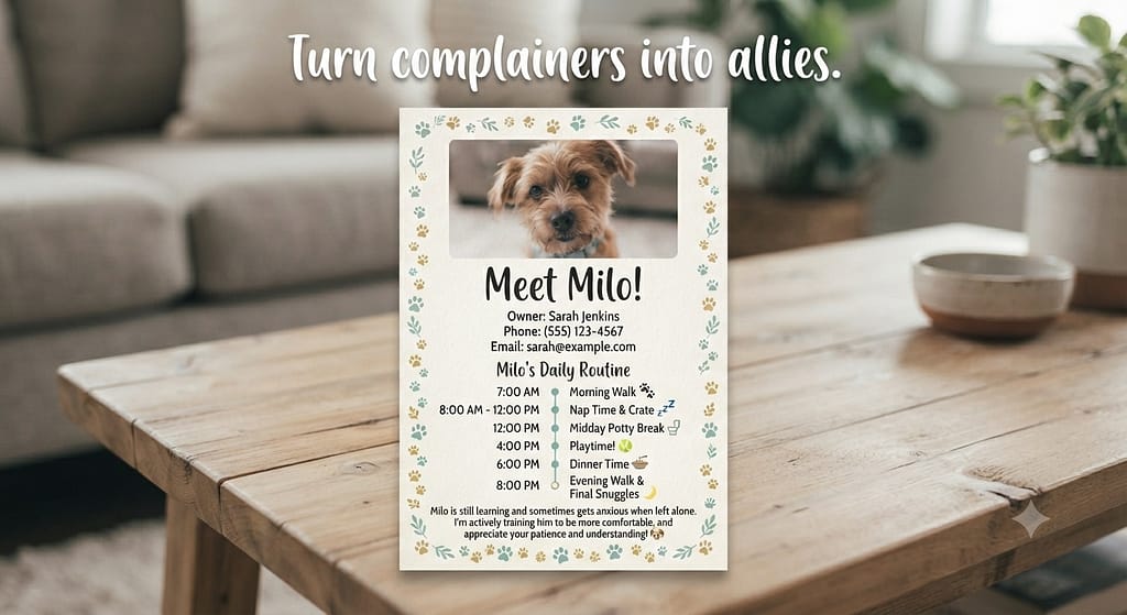 Dog info sheet photo Cute card with dog photo, name, contact info, schedule. Text: "Turn complainers into allies."