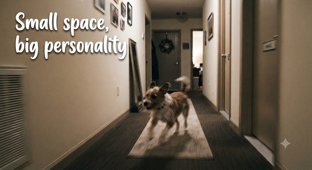 Relatable "hallway zoomies" photo Dog running down narrow apartment hallway, motion blur. Text: "Small space, big personality."