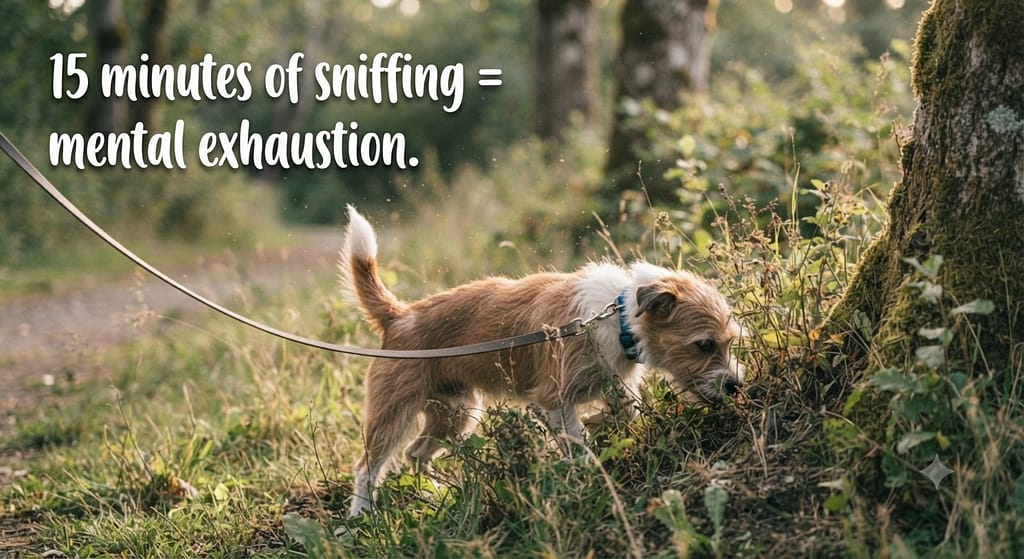 Sniffari action photo Dog sniffing on long leash, exploring. Text: "15 minutes of sniffing = mental exhaustion."