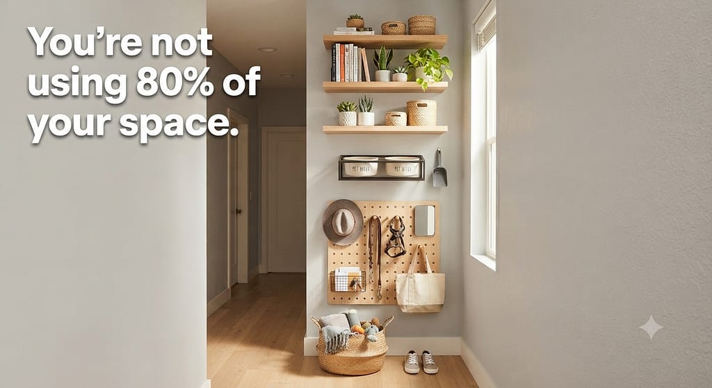 Vertical storage hero photo Floating shelves, wall-mounted food station, pegboard organizer. Text: "You're not using 80% of your space."