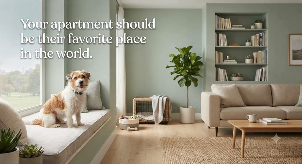 "After" hero photo Happy dog in optimized apartment, organized, peaceful. Text: "Your apartment should be their favorite place in the world."