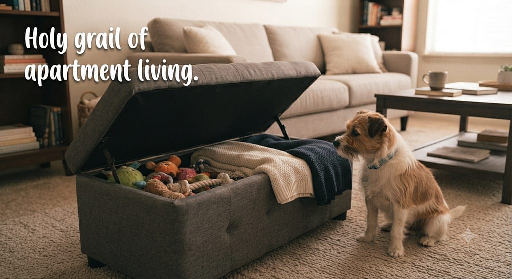 Ottoman storage photo Ottoman open, toys/blankets inside, dog nearby. Text: "Holy grail of apartment living."