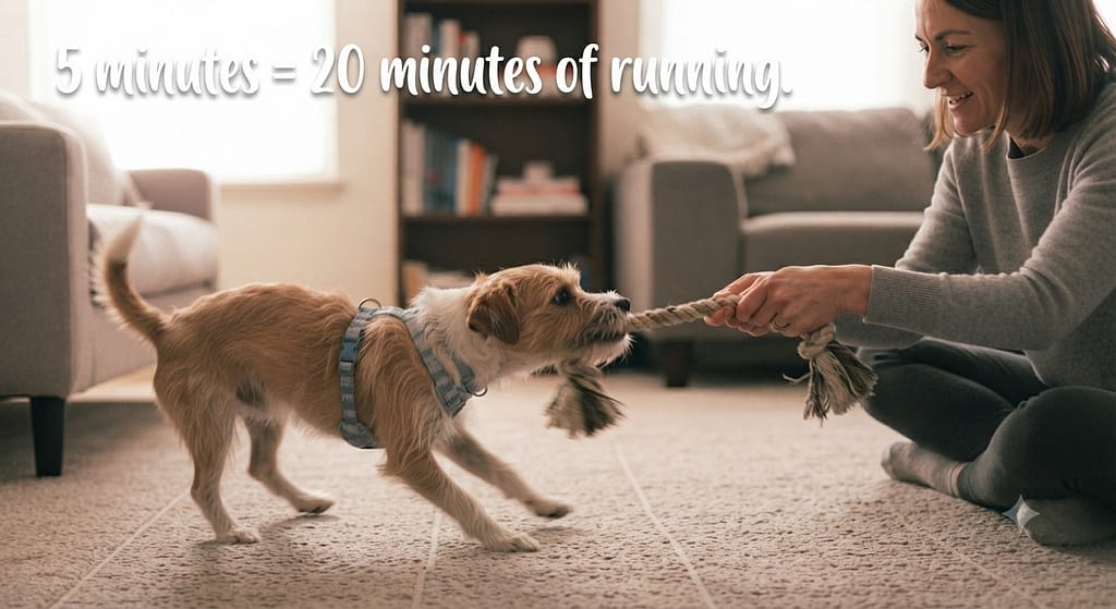 Tug action photo Owner and dog playing tug with long rope toy. Text: "5 minutes = 20 minutes of running."