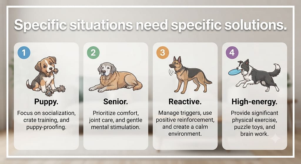 Dog type icons Puppy, Senior, Reactive, High-energy. Text: "Specific situations need specific solutions."