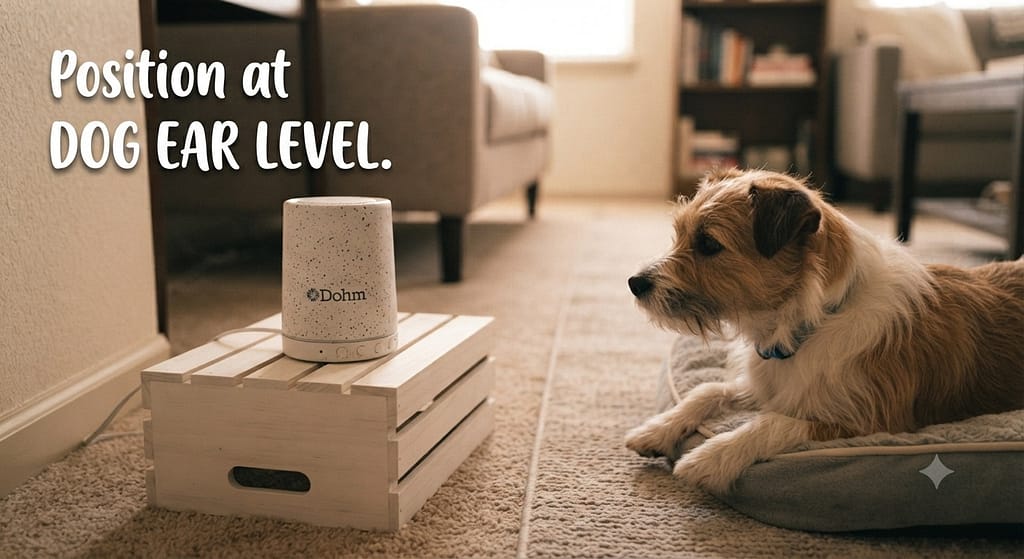 White noise machine at dog level photo White noise machine positioned 6-12 inches off floor, dog nearby. Text: "Position at DOG EAR LEVEL."