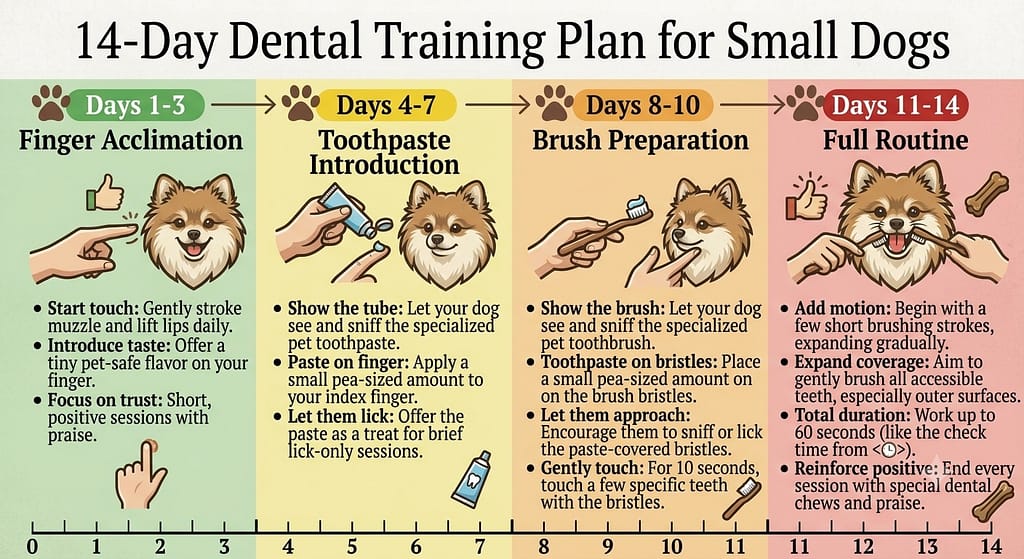 14-Day Training Plan graphic Days 1-3 (Finger), Days 4-7 (Toothpaste), Days 8-10 (Brush), Days 11-14 (Full routine). Timeline style.