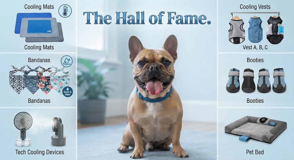 Cooling products hero collage All products arranged: mats, vests, bandanas, booties, tech. Text: "The Hall of Fame."