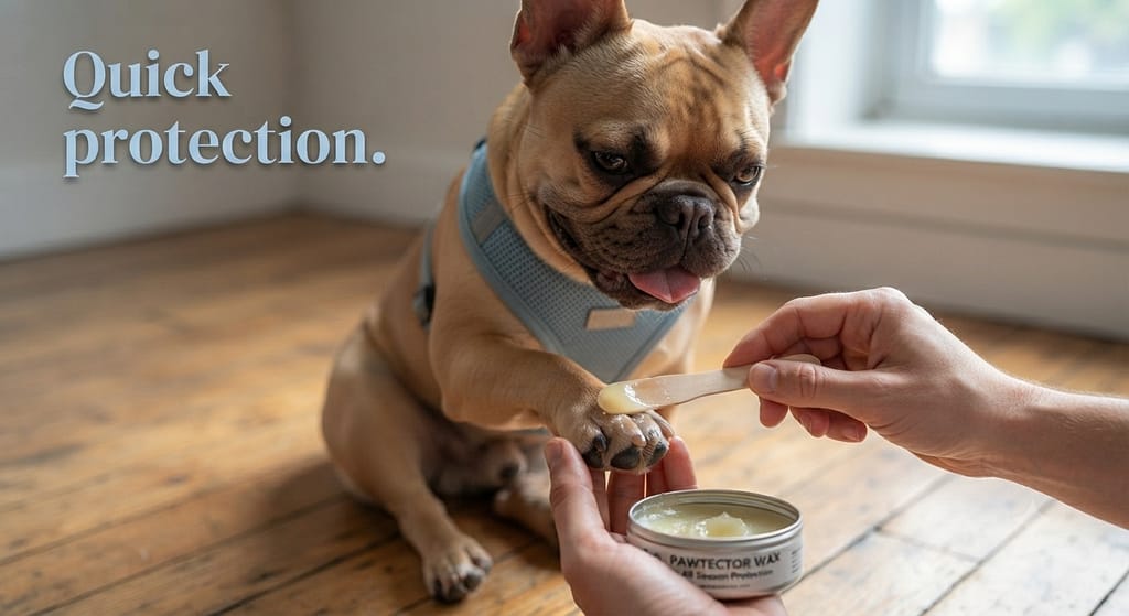 Paw wax application photo Applying wax to Frenchie paw. Text: "Quick protection."
