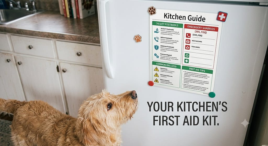 Fridge guide mockup Beautiful laminated fridge guide on refrigerator door, dog looking up. Text: "Your kitchen's first aid kit."
