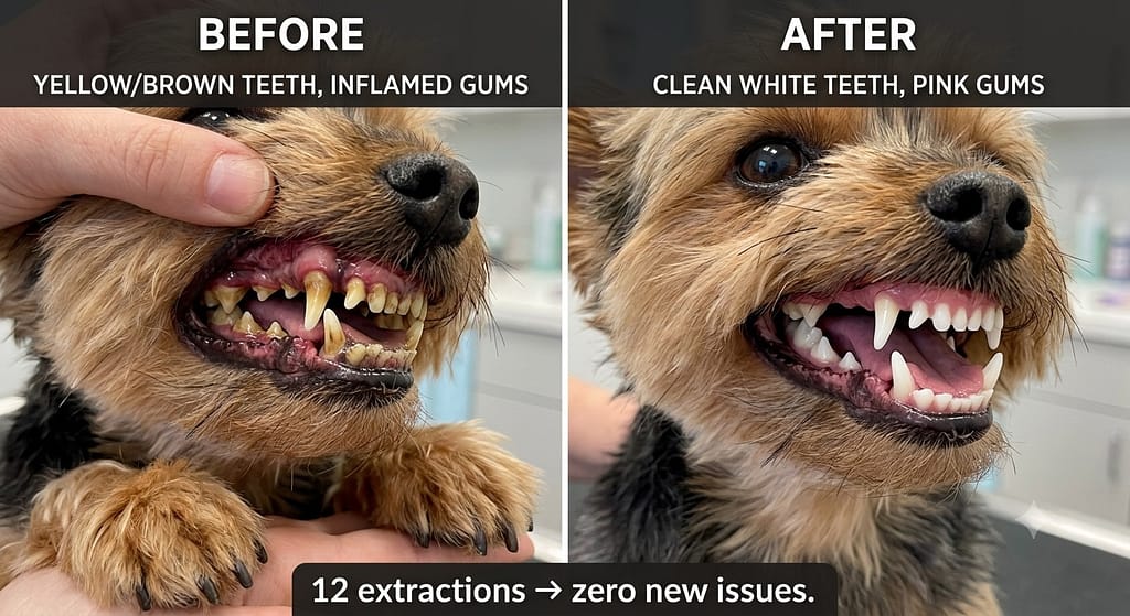Before/after Yorkie teeth photo Before: yellow/brown teeth, inflamed gums. After: clean white teeth, pink gums. Text: "12 extractions → zero new issues."