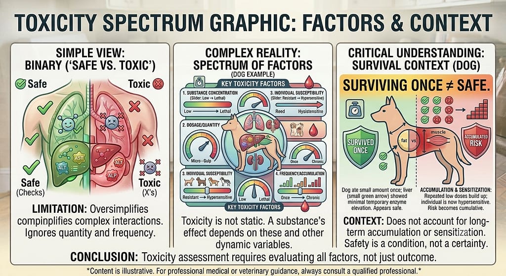 Spectrum graphic Binary "Safe vs. Toxic" vs. spectrum of factors. Text: "Surviving once ≠ safe."