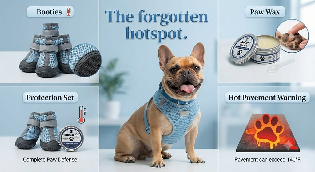 Paw protection collage Booties and paw wax. Text: "The forgotten hotspot."