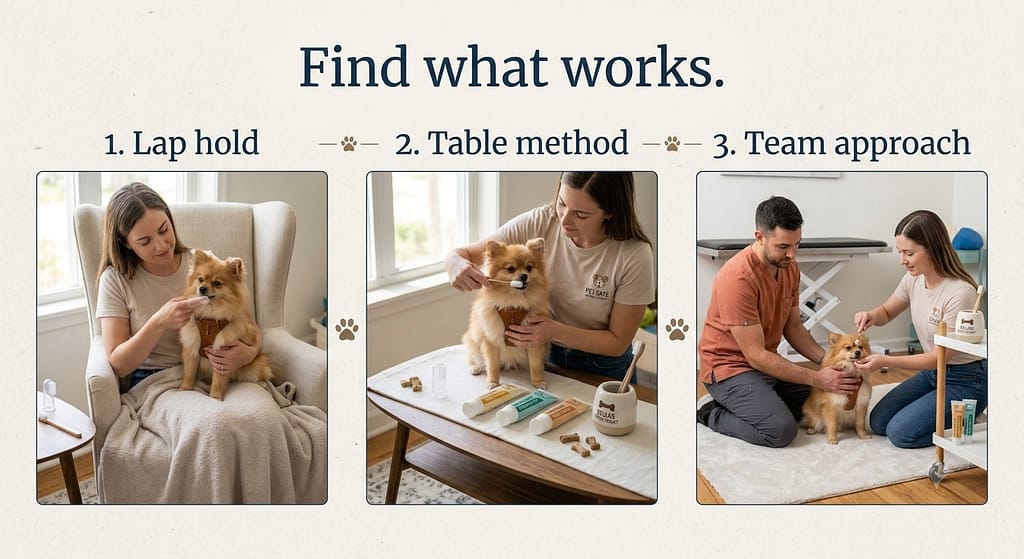 Brushing position sequence (3 images) 1. Lap hold / 2. Table method / 3. Team approach. Text: "Find what works."