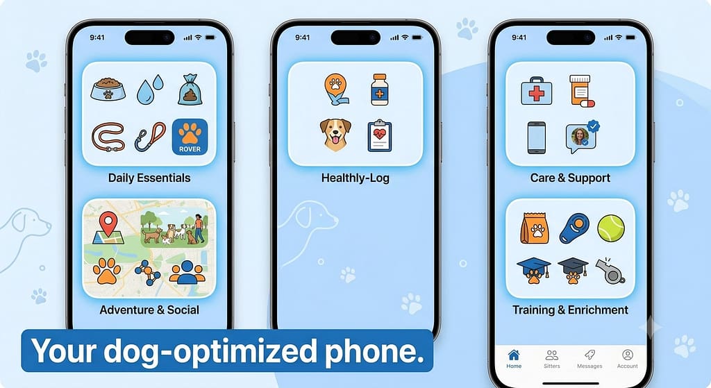 Organized phone home screen Folders arranged: Daily Essentials, Care & Support, Adventure & Social, Training & Enrichment. Text: "Your dog-optimized phone."