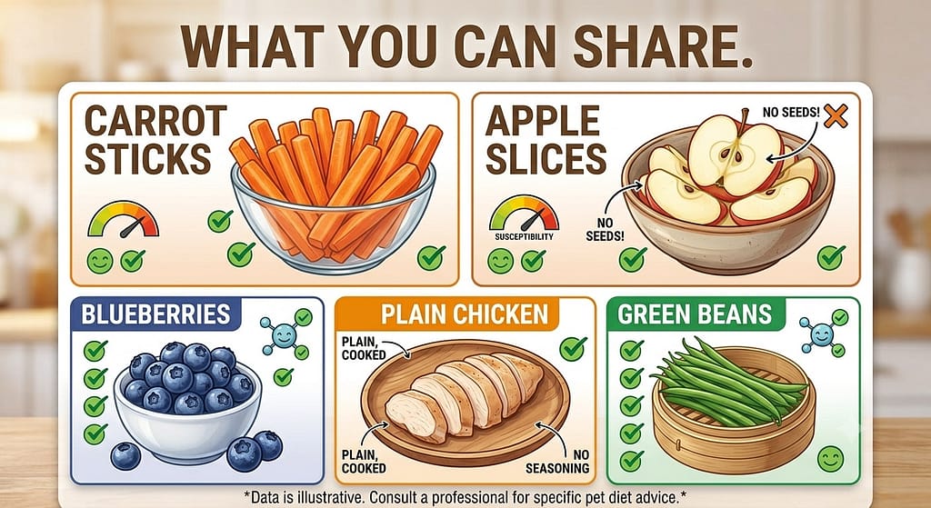 Safe snacks collage Carrot sticks, apple slices, blueberries, plain chicken, green beans. Text: "What you CAN share."