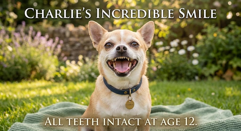 Happy Chihuahua smile photo Charlie with clean teeth, happy expression. Text: "All teeth intact at age 12."