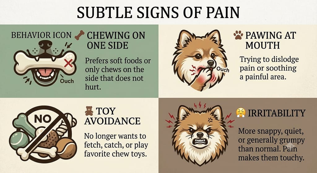 Behavior icons 🍖 Chewing on one side / 🐾 Pawing at mouth / 🧸 Toy avoidance / 😤 Irritability. Text: "Subtle signs of pain."