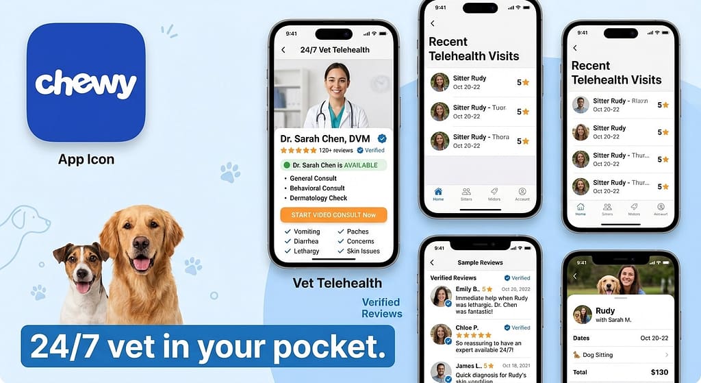 App icon + screenshot collage Chewy app icon + vet telehealth screen. Text: "24/7 vet in your pocket."