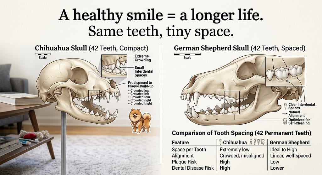 Teeth comparison diagram Chihuahua skull (42 teeth in small space) vs. German Shepherd skull (42 teeth in larger space). Text: "Same teeth, tiny space."