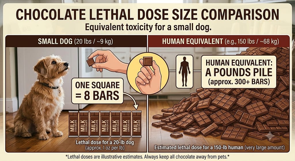 Size comparison infographic Chocolate bar next to small dog vs. large pile for human equivalent. Text: "One square = 8 bars for a 20-lb dog."