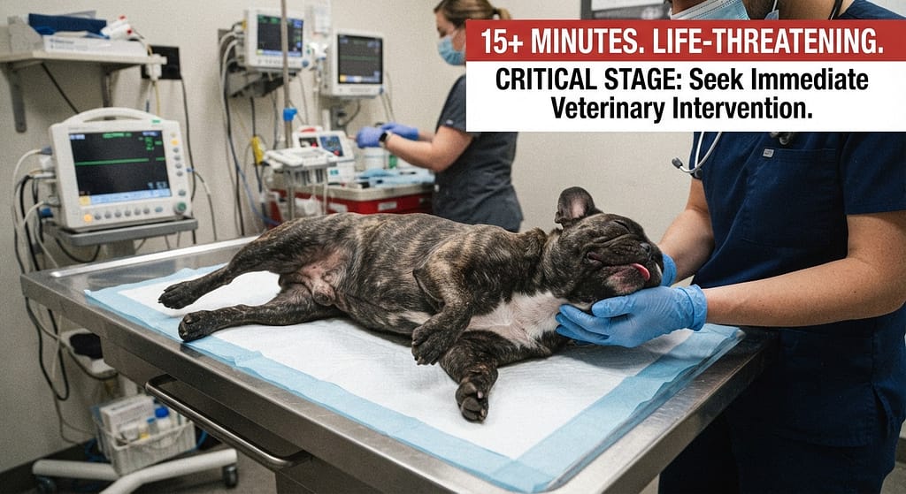 Critical stage symptoms photo Collapsed Frenchie, seizure, unconscious. Text: "15+ minutes. Life-threatening."