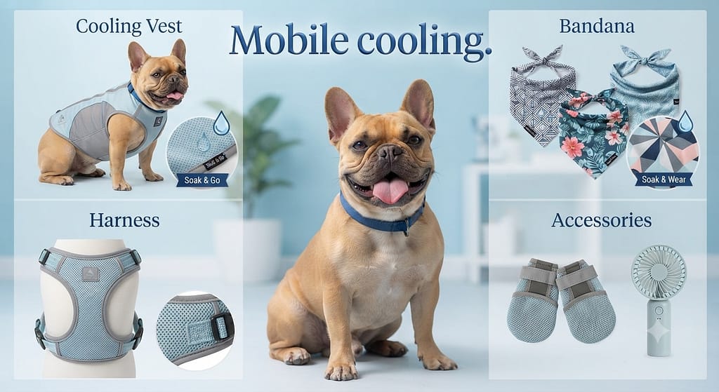 Wearables collage Cooling vest, bandana, harness. Text: "Mobile cooling."
