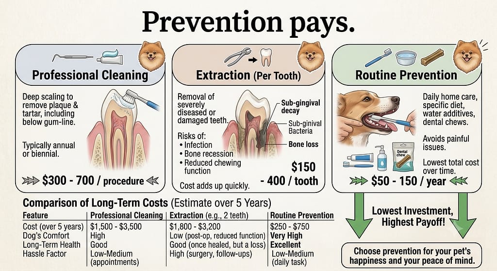 Cost comparison infographic Professional cleaning ($300-700) vs. extraction ($150-400/tooth) vs. prevention ($50-150/year). Text: "Prevention pays."