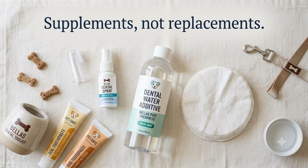 Water additive + wipes flat lay Dental wipes, water additive bottle, dental spray. Text: "Supplements, not replacements."