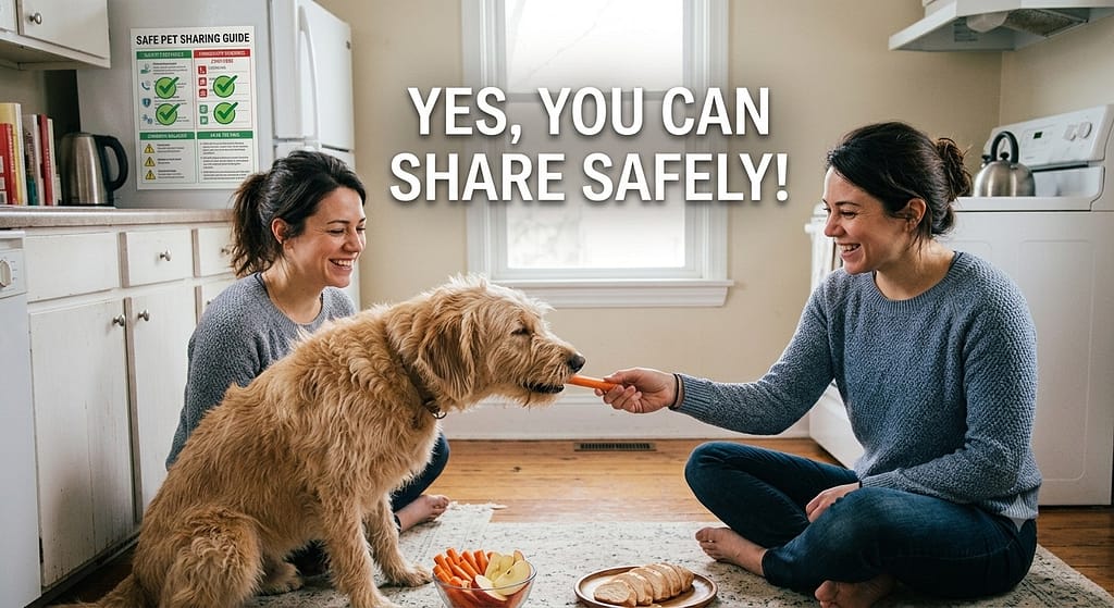 Safe snack happy photo Dog eating carrot stick from owner's hand, happy expression. Text: "Yes, you can share safely!"
