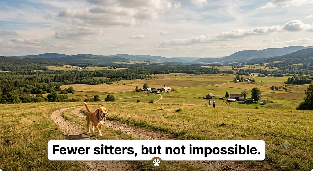 Wide open space photo Dog in rural setting, fewer buildings. Text: "Fewer sitters, but not impossible."