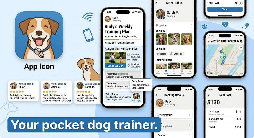 App icon + screenshot collage Dogo app icon + training plan screen. Text: "Your pocket dog trainer."