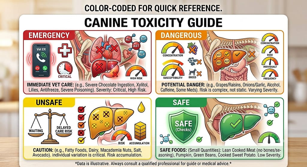 Guide preview grid 4 sections: EMERGENCY (red), DANGEROUS (orange), UNSAFE (yellow), SAFE (green). Text: "Color-coded for quick reference."