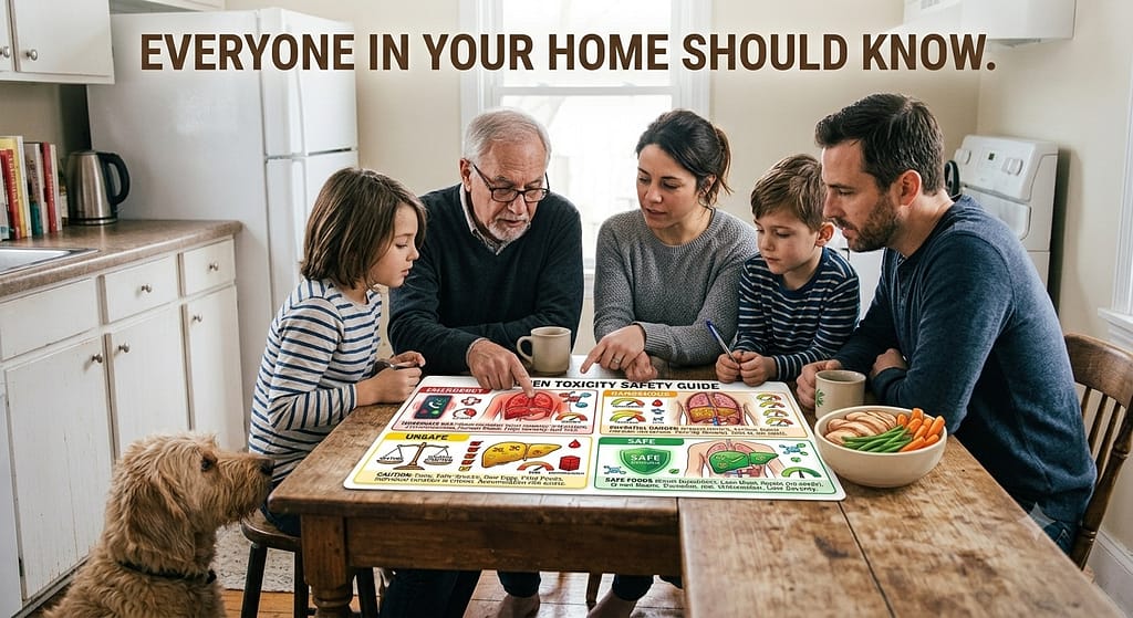Family around table photo Family reviewing fridge guide together, dog nearby. Text: "Everyone in your home should know."