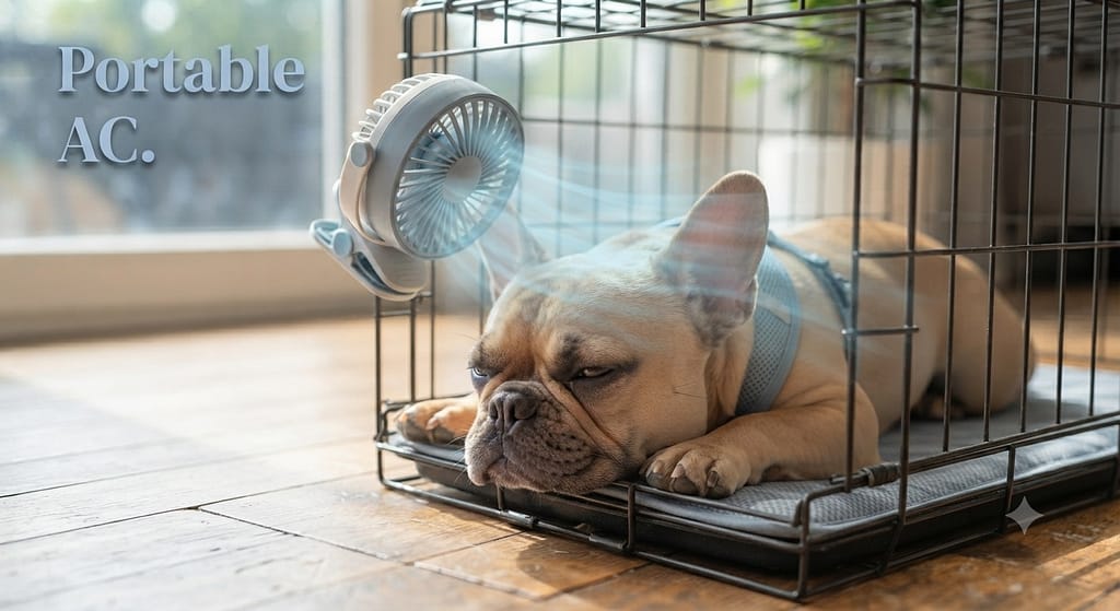 Portable fan action photo Fan clipped to crate, blowing on Frenchie. Text: "Portable AC."