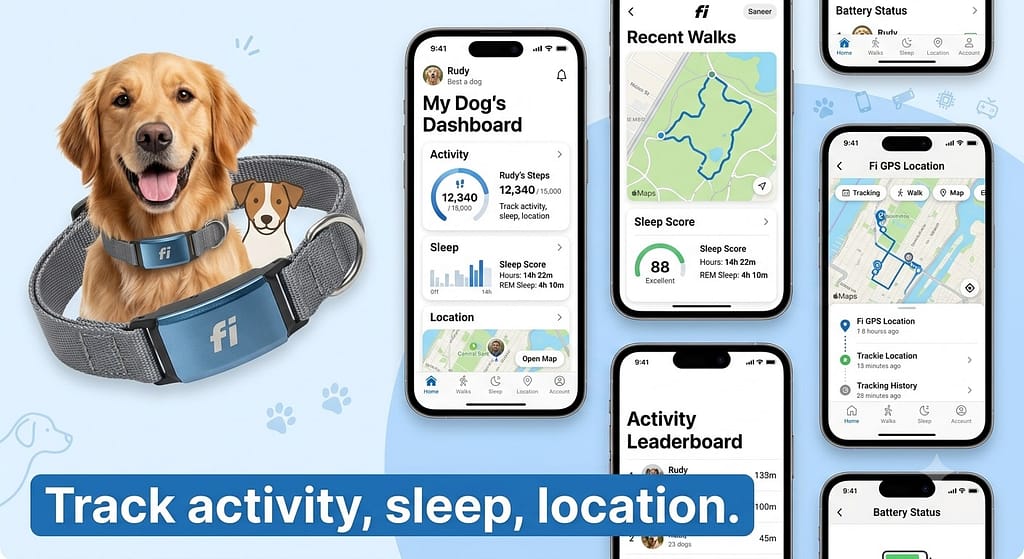 Product + app screenshot Fi collar product shot + app dashboard. Text: "Track activity, sleep, location."
