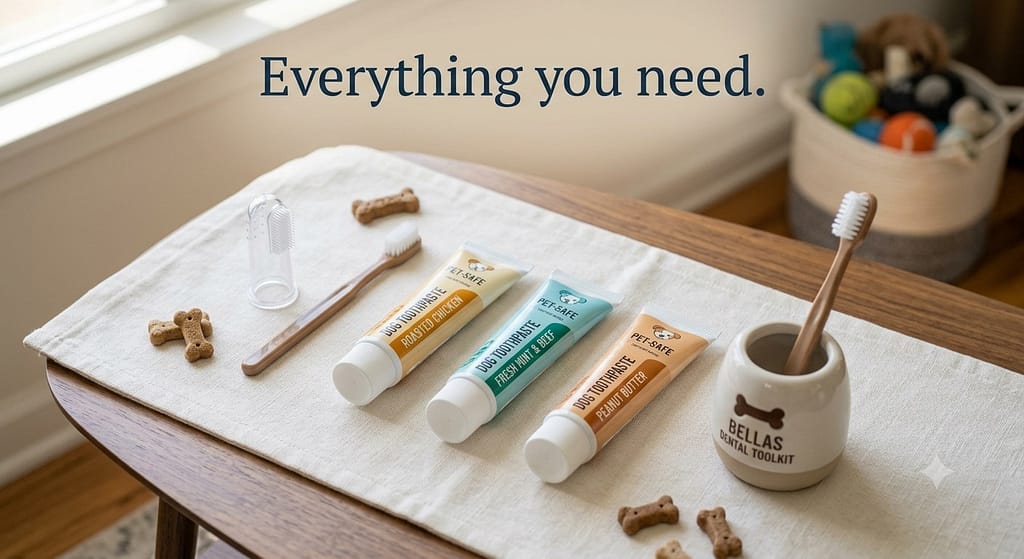 Toolkit flat lay Finger brush, small-headed brush, dog toothpaste (3 flavors), toothbrush holder. Text: "Everything you need."