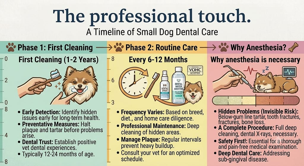 Timeline graphic First cleaning (1-2 years), Every 6-12 months, Why anesthesia is necessary. Text: "The professional touch."