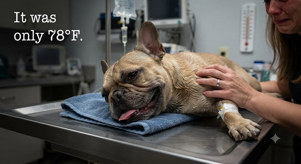 Emotional "crisis" photo French Bulldog on emergency vet table, IV fluids, owner's hand visible. Text: "It was only 78°F."