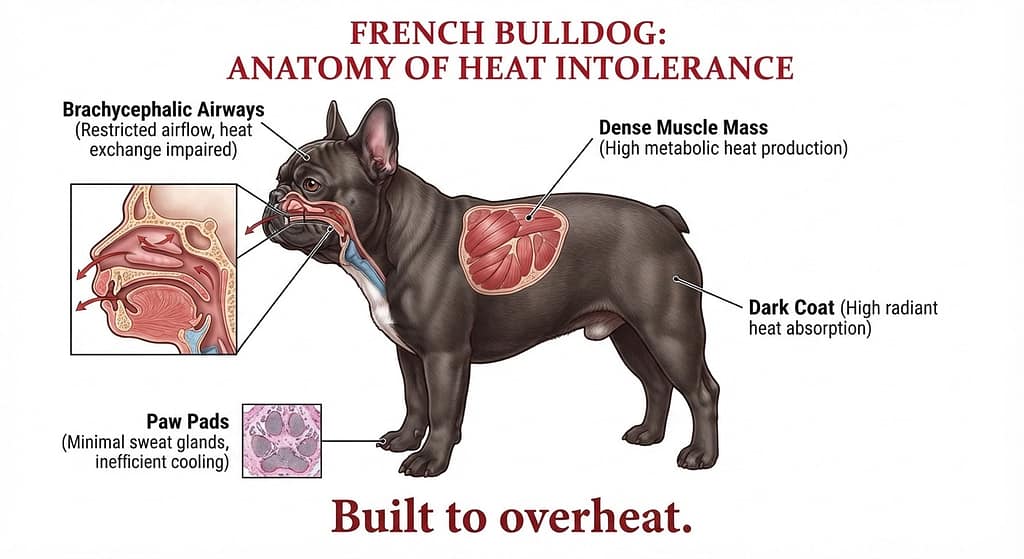 Frenchie anatomy diagram Annotated Frenchie with: brachycephalic airways, paw pads (minimal sweat), dense muscle, dark coat. Text: "Built to overheat."
