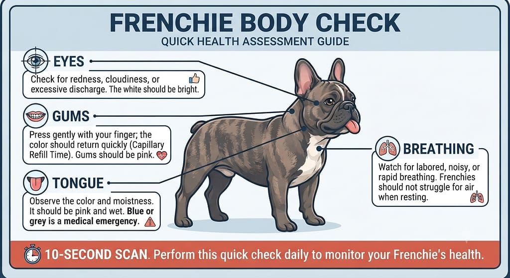 Frenchie body check graphic Annotated Frenchie with callouts: Eyes, Gums, Tongue, Breathing. Text: "10-second scan."